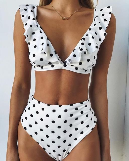 Maillot de bain 2 pièces blanc à pois noirs taille haute