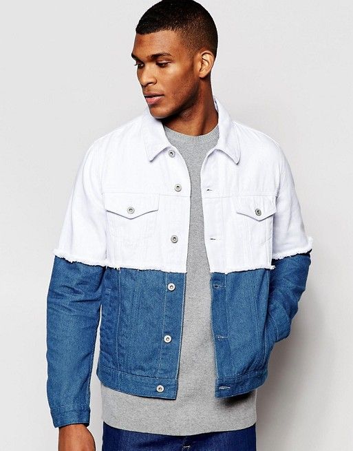 Veste en jean homme bleue sur la partie haute blanche sur la partie basse