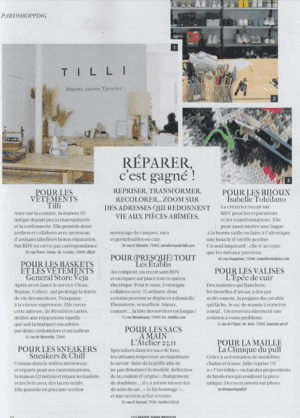 TILLI recognised by Madame Figaro as a key address for fashion repairs in 2024, alongside VEJA and L'Atelier 23/11 Paris. Discover our repair solutions to extend the life of your clothes and adopt sustainable fashion.