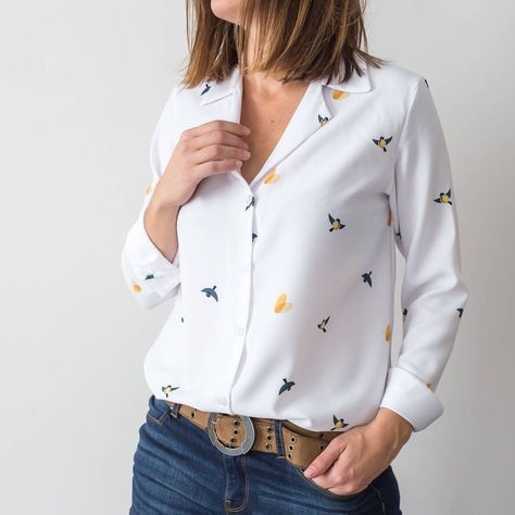 Chemise femme blanche à motifs oiseaux